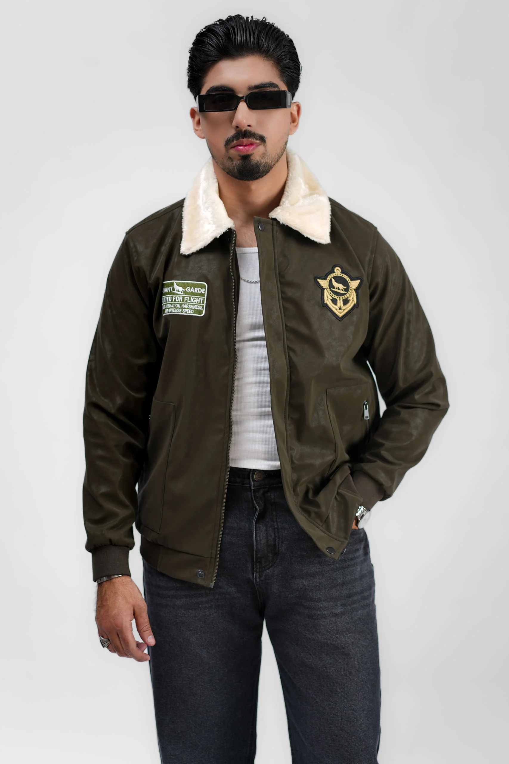 Leather Aviator Jacket - Green - Image 4