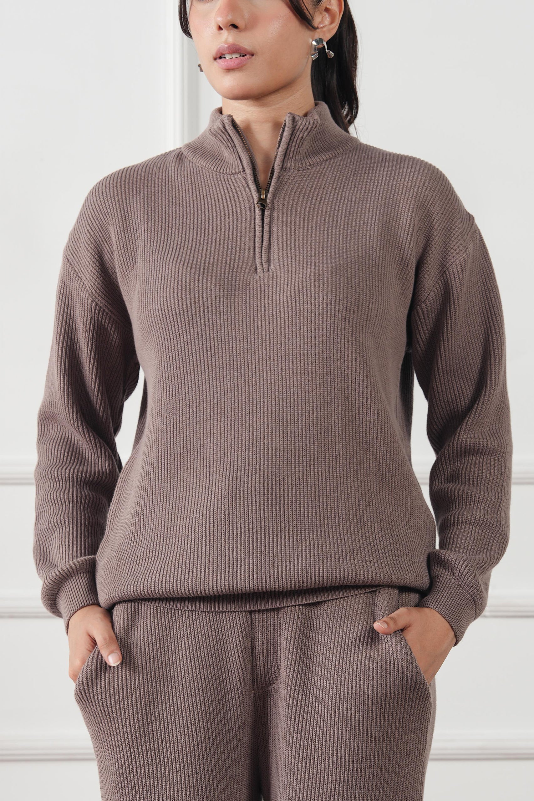 Quarter Zip Ribbed Knit Sweater (WKS-01) - Image 4